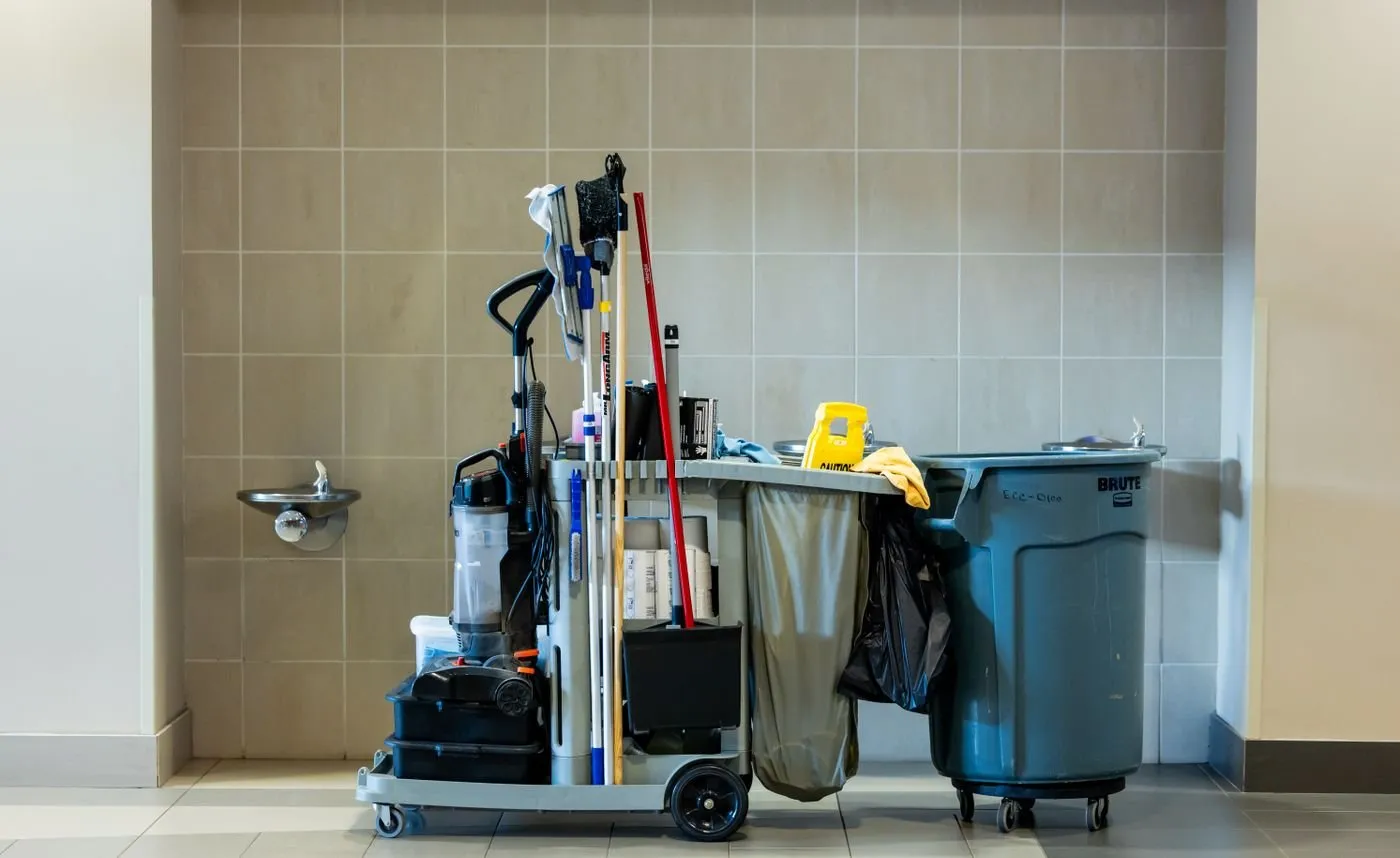 Professional housekeeping trolley with cleaning equipment