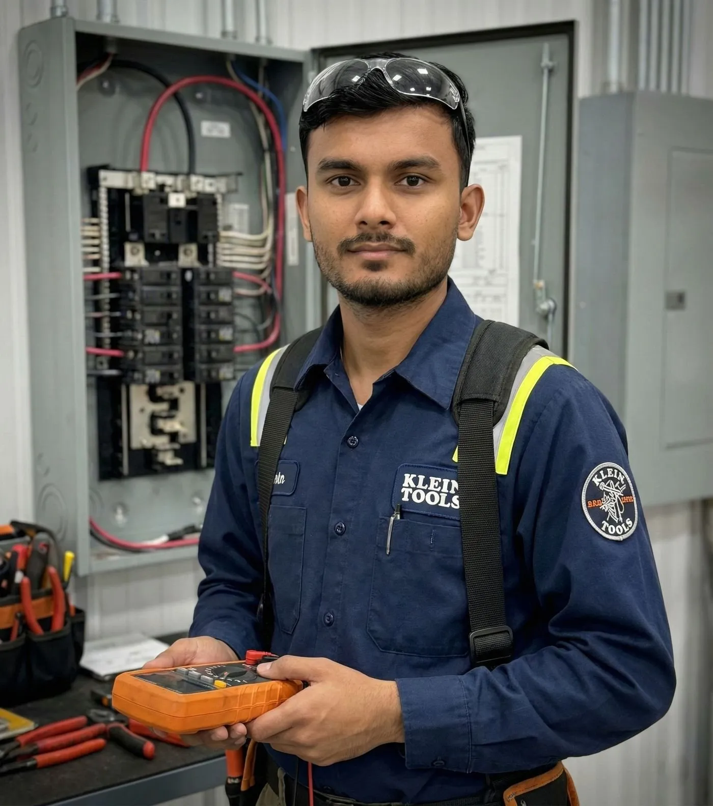 Technician with a multimeter beside an electrical panel
